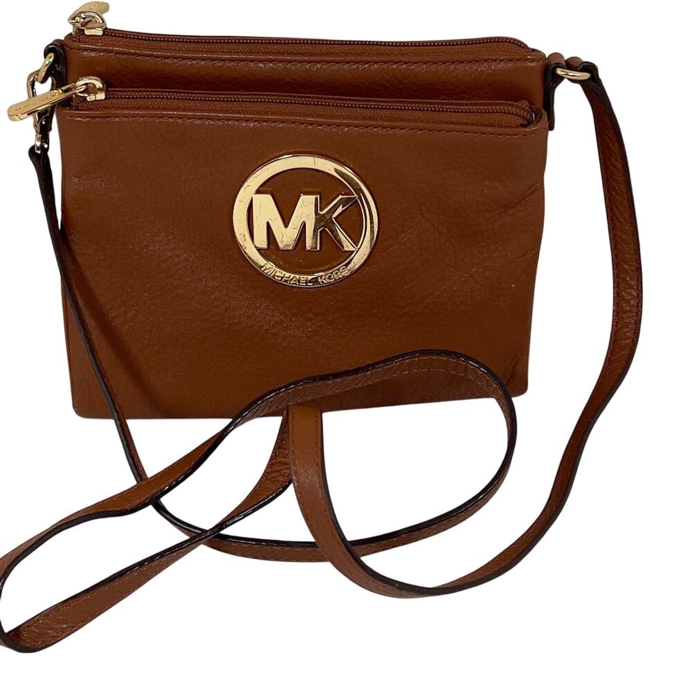 Michael Kors Brown Pebbled Leather Crossbody Bag MK Gold-tone Medallion Logo